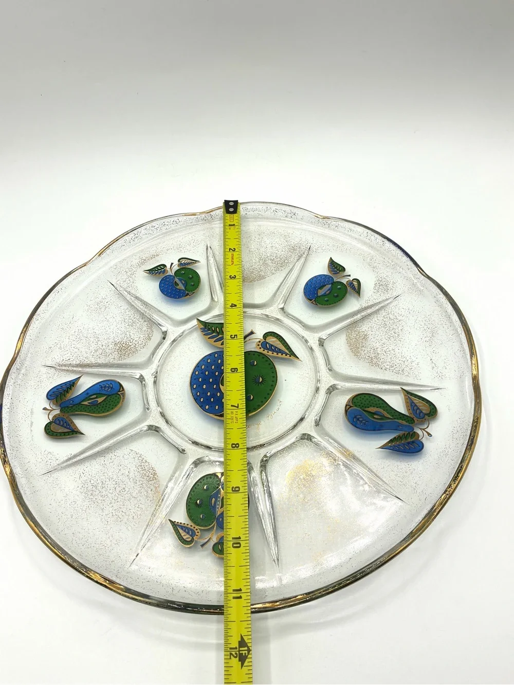 Vintage Georges Briard Divided Glass Serving Tray Gold Blue Green Fruit MCM